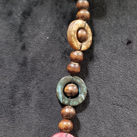 Vintage Bohemian Multicolor Wood Beaded Long Sweater Style Teardrop Necklace - Picture 3 of 10